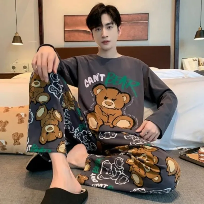 Plus Size Men Pajama Set Long Sleeve Long Pants Student Loose Casual Sleepwear Loungewear Two Piece Set Cartoon Nightwear thumbnail 4
