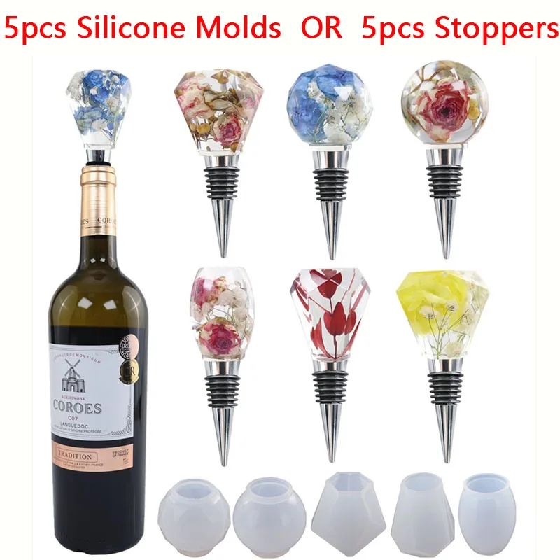 5pcs Geometric Sphere Silicone Mold Or 5pcs Wine Bottle Stopper Epoxy Resin Mould For DIY Crafts Jewelry Cast Tools Home Decor