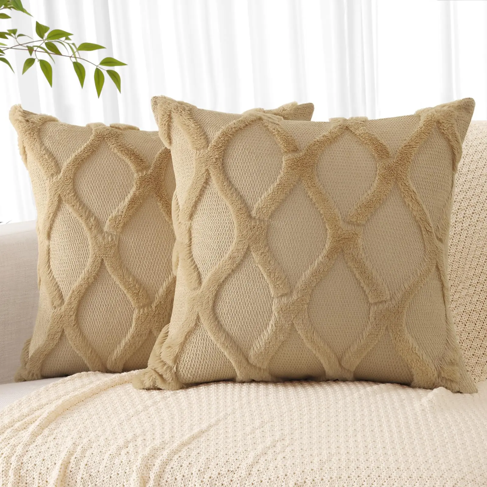 HAPIHAPPY Plush Throw Pillow Covers 45x45 Set of 2 Faux Fur Wool Bed Sofa Living Room Throw Pillow Covers Soft Home PillowCovers