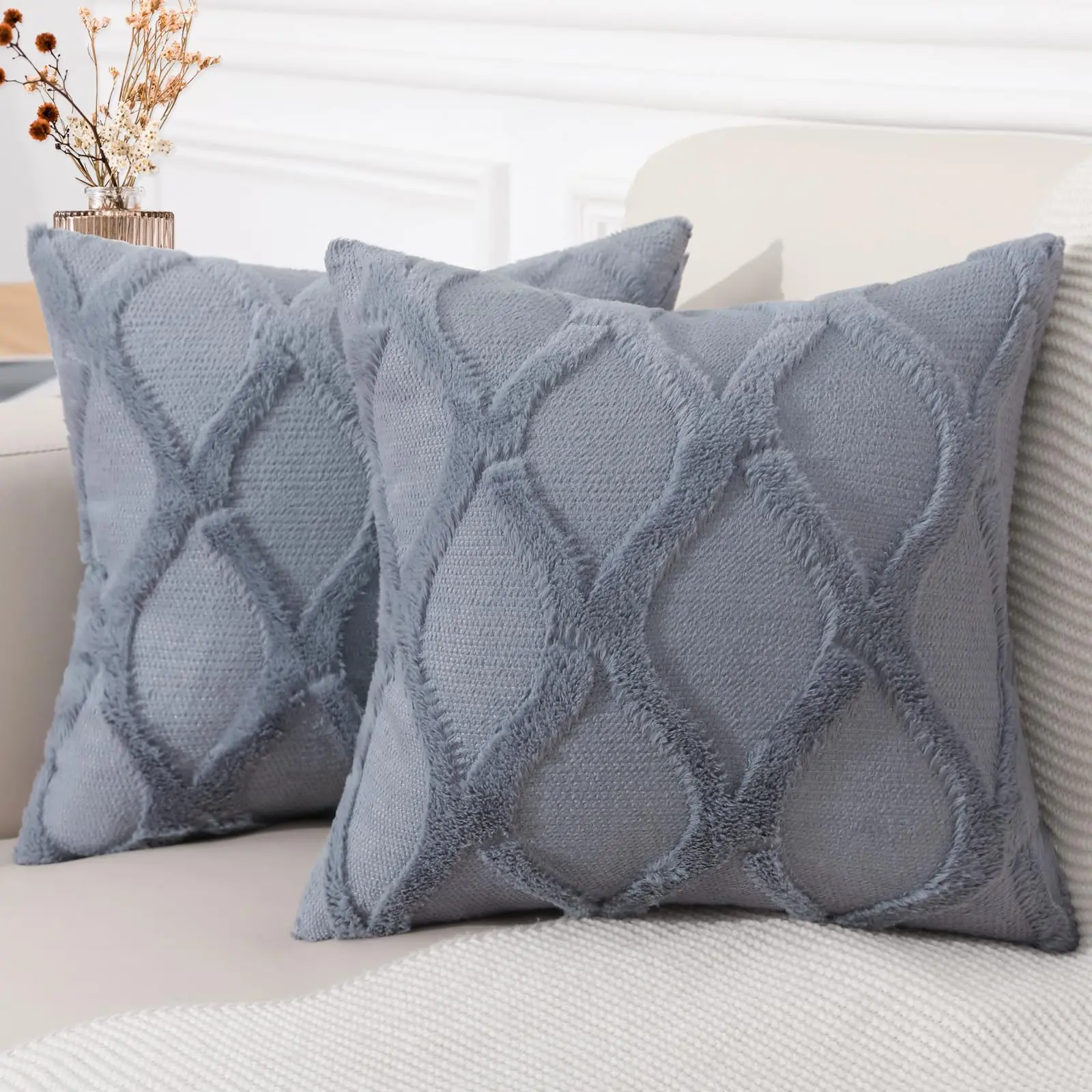 HAPIHAPPY Plush Throw Pillow Covers 45x45 Set of 2 Faux Fur Wool Bed Sofa Living Room Throw Pillow Covers Soft Home PillowCovers thumbnail 4