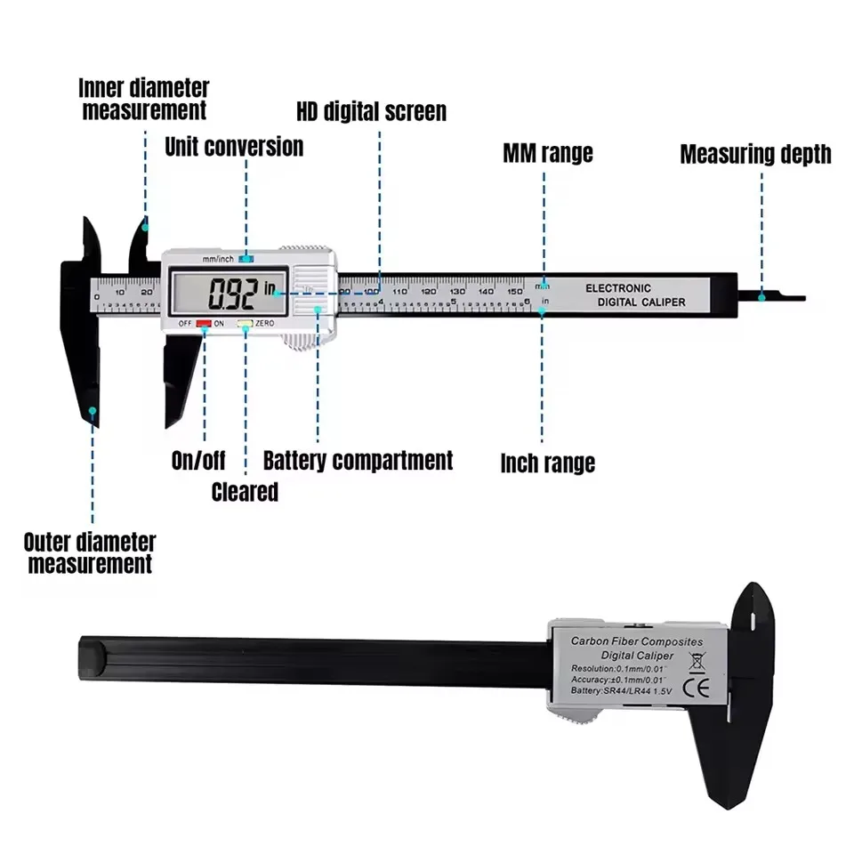 150mm 100mm Electronic Digital Caliper Carbon Fiber Dial Vernier Caliper Gauge Micrometer Measuring Tool Digital Ruler thumbnail 2