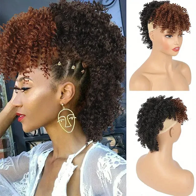 Synthetic African Ponytail Clip-in Hair Extensions Fluffy High Bun with Bangs Light Brown Curly Spring Mohawk Curly Wig thumbnail 5
