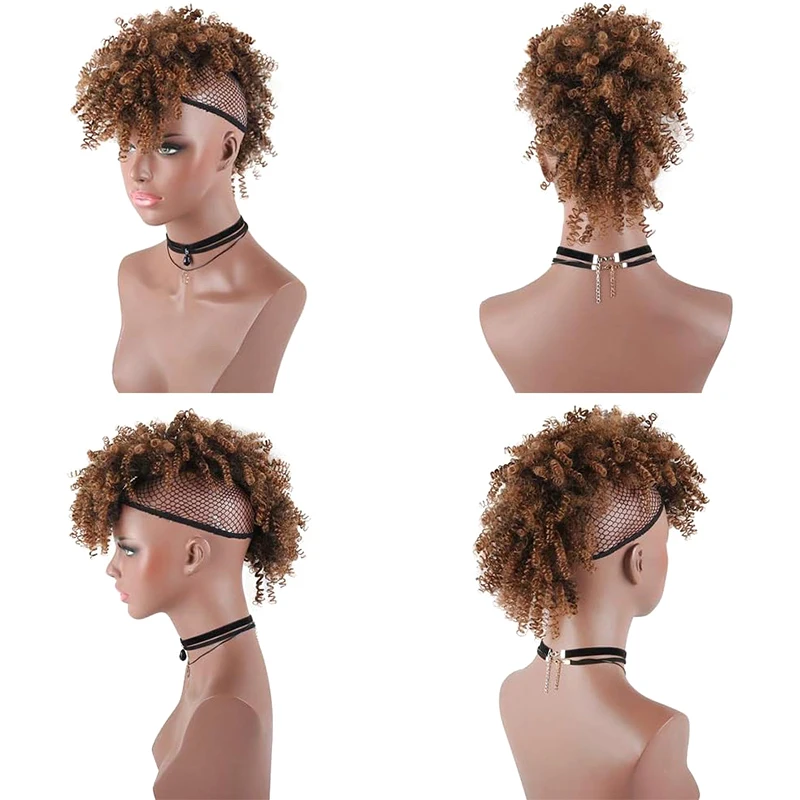 Synthetic African Ponytail Clip-in Hair Extensions Fluffy High Bun with Bangs Light Brown Curly Spring Mohawk Curly Wig thumbnail 4