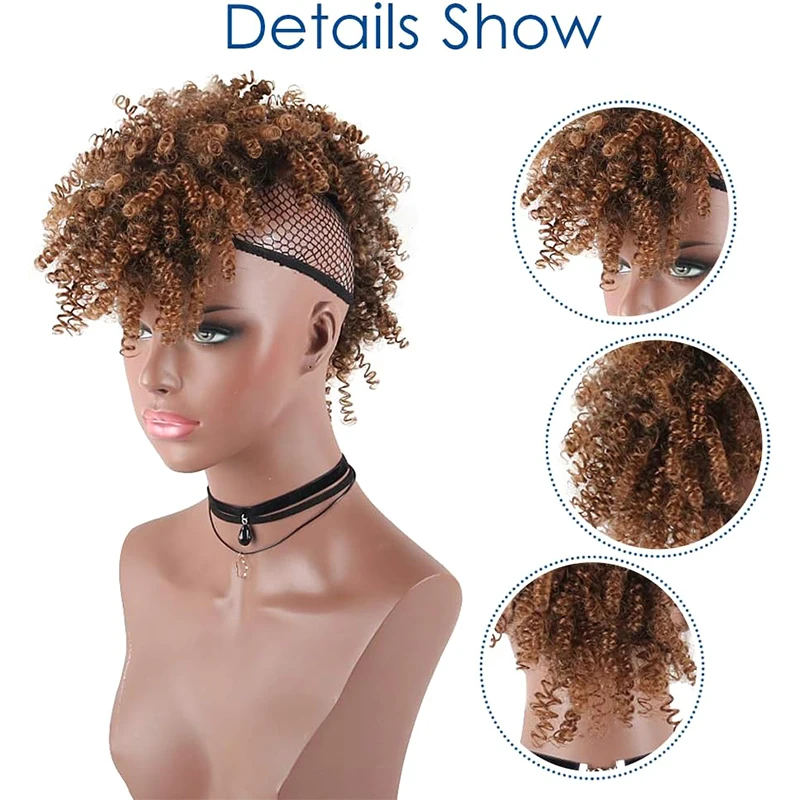 Synthetic African Ponytail Clip-in Hair Extensions Fluffy High Bun with Bangs Light Brown Curly Spring Mohawk Curly Wig thumbnail 3