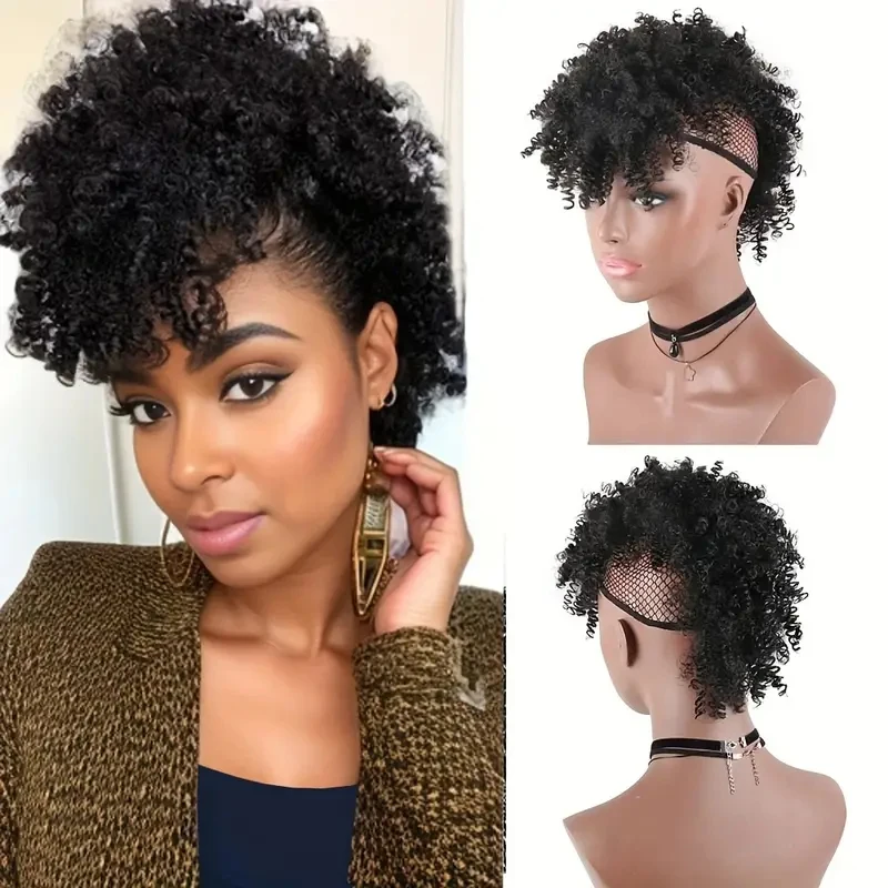 Synthetic African Ponytail Clip-in Hair Extensions Fluffy High Bun with Bangs Light Brown Curly Spring Mohawk Curly Wig thumbnail 6