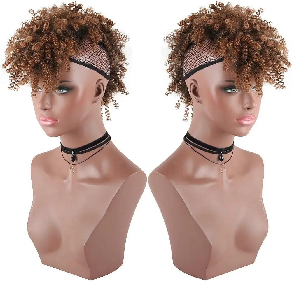 Synthetic African Ponytail Clip-in Hair Extensions Fluffy High Bun with Bangs Light Brown Curly Spring Mohawk Curly Wig thumbnail 2