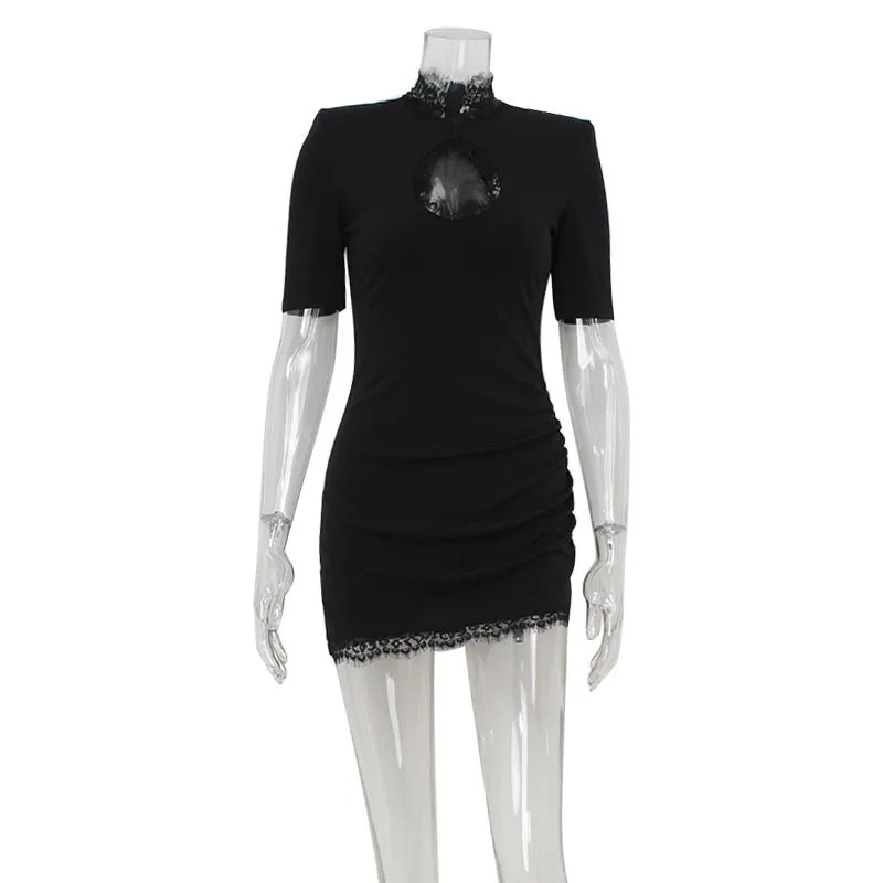 Lace Patchwork Hollow Out Bodycon Sheath High Collar Women Dresses Half Sleeves Outfits Sexy Club Fashion Female Mini Vestidos thumbnail 4