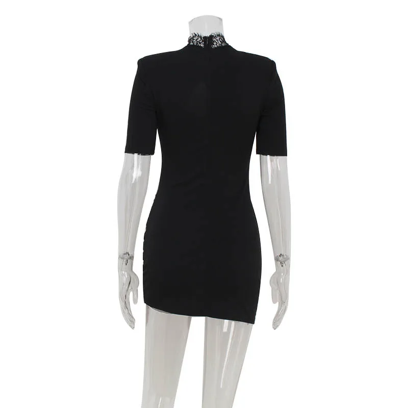 Lace Patchwork Hollow Out Bodycon Sheath High Collar Women Dresses Half Sleeves Outfits Sexy Club Fashion Female Mini Vestidos thumbnail 5