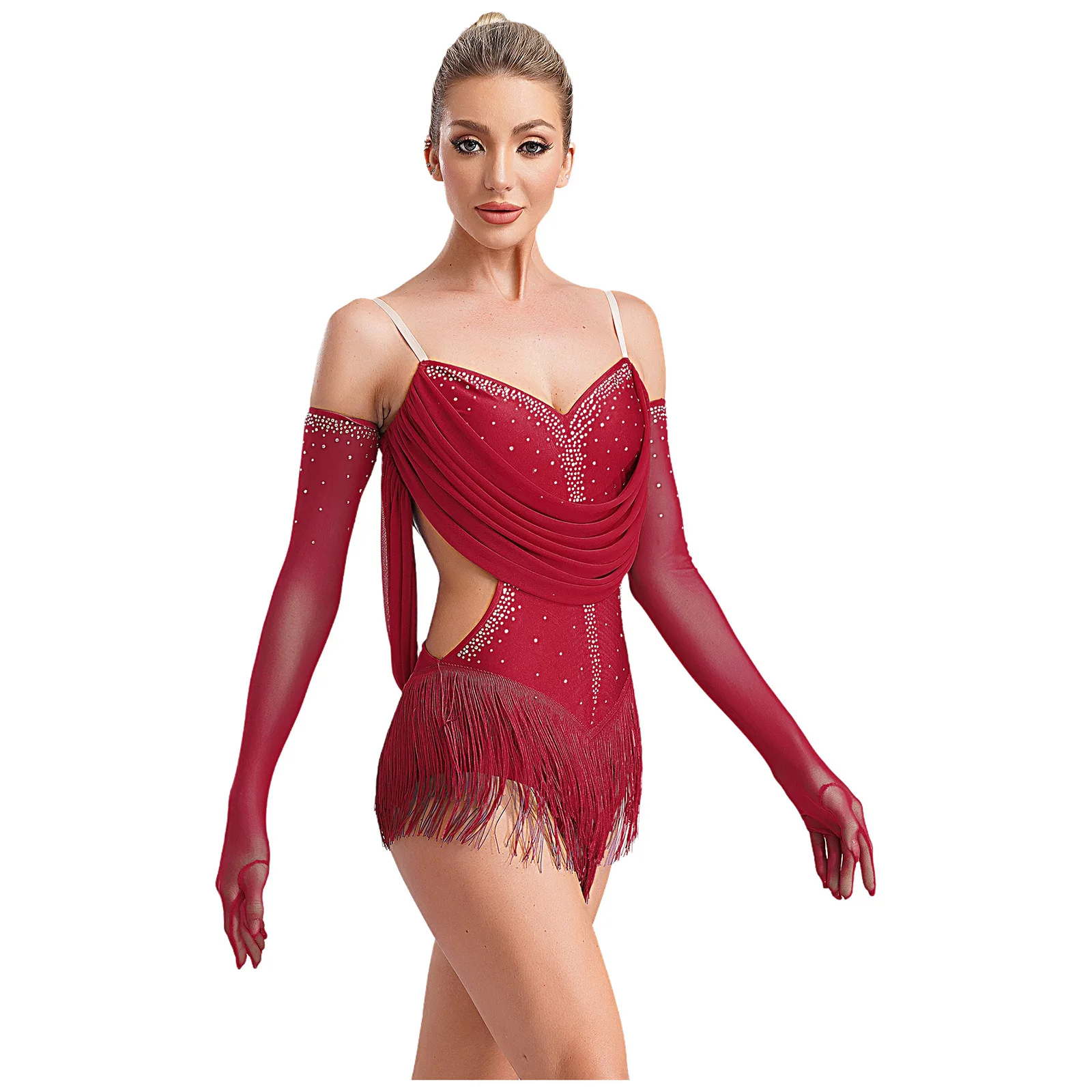 Womens Tassel Latin Dance Leotard Dress Rhinestone Fringed Bodysuit+Gloves Outfits for Tango Cha-Cha Salsa Skating Performance thumbnail 3