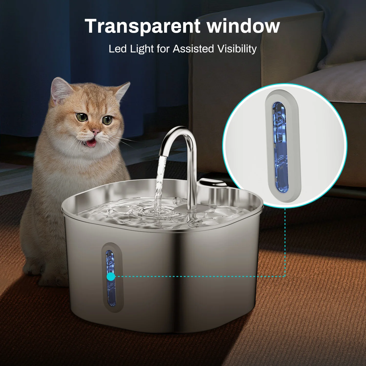 ZYFeeder 2.2L Automatic Cat Water Fountain Square Stainless Steel Pet Water Feeder Dog Water Fountain with window（No 5V 1A Plug） thumbnail 5