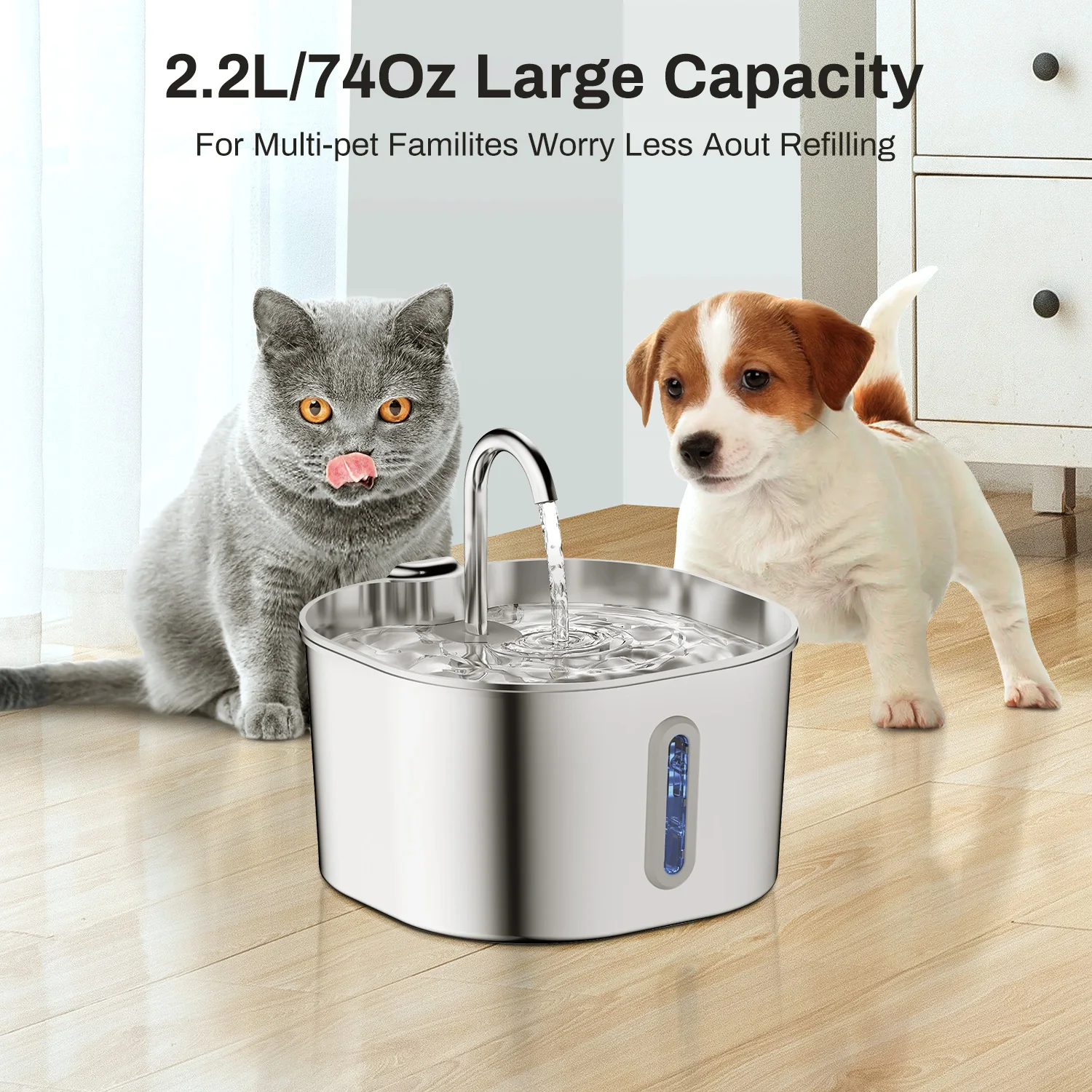 ZYFeeder 2.2L Automatic Cat Water Fountain Square Stainless Steel Pet Water Feeder Dog Water Fountain with window（No 5V 1A Plug） thumbnail 2