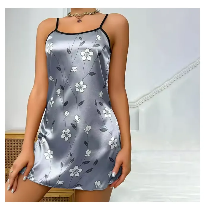 Ladies Sexy Sling Nightgown Nightdress Women's Sexy Lingerie Silk Satin Sleepwear Floral Pinting Nightwear Homewear Mini Dress thumbnail 3