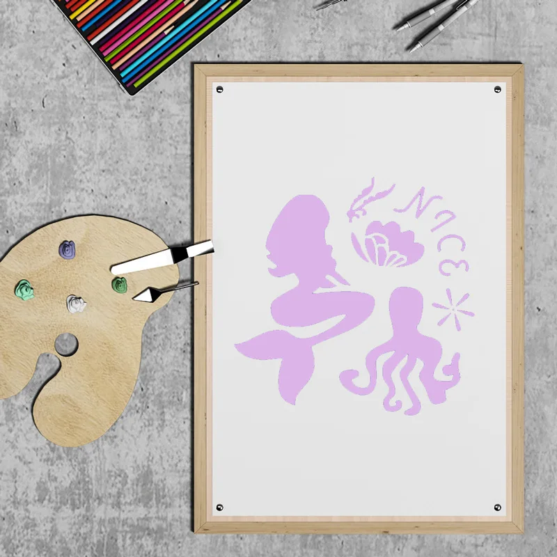 3/6/8/12pcs Sea Mermaid Spray Painting Stencil DIY Paper Template Kids Drawing Ruler Scrapbooking Cookie Stencil  Coffee Tools thumbnail 3