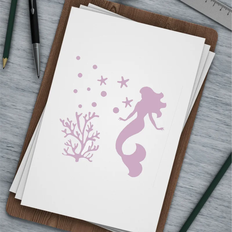 3/6/8/12pcs Sea Mermaid Spray Painting Stencil DIY Paper Template Kids Drawing Ruler Scrapbooking Cookie Stencil  Coffee Tools thumbnail 2