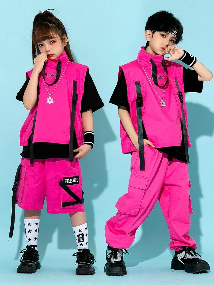 Children Hip Hop Costume Boys Girls Jazz Dance Fashion Clothing Pink Vest Pants Street Dance Drum Stage Performance Wear