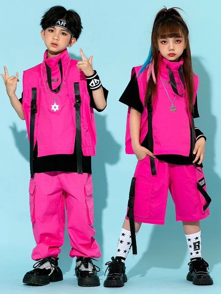 Children Hip Hop Costume Boys Girls Jazz Dance Fashion Clothing Pink Vest Pants Street Dance Drum Stage Performance Wear thumbnail 4