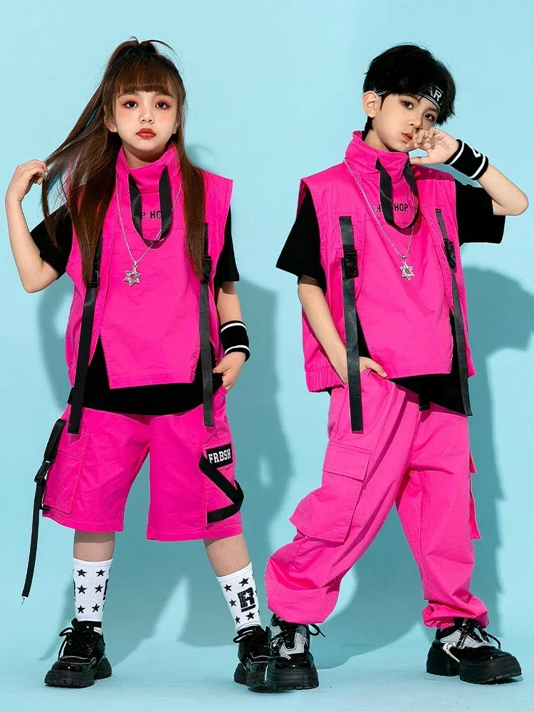 Children Hip Hop Costume Boys Girls Jazz Dance Fashion Clothing Pink Vest Pants Street Dance Drum Stage Performance Wear thumbnail 3