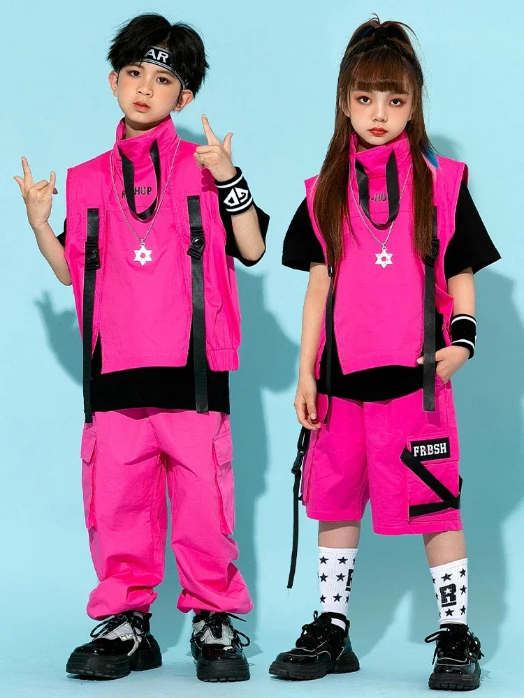Children Hip Hop Costume Boys Girls Jazz Dance Fashion Clothing Pink Vest Pants Street Dance Drum Stage Performance Wear thumbnail 2