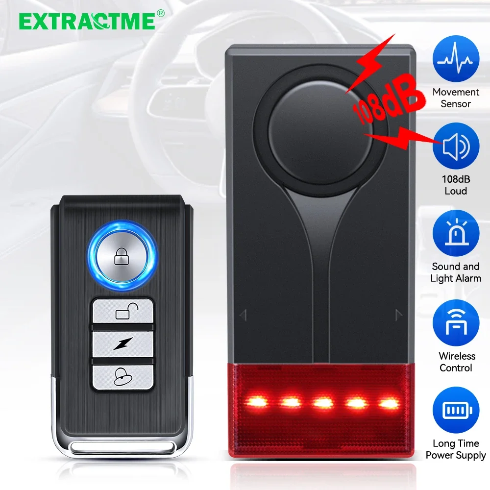 Extractme Car Anti-Theft Vibration Sound & Light Alarm 108dB Wireless Remote Door Window Vehicle Security Interior Alarm System