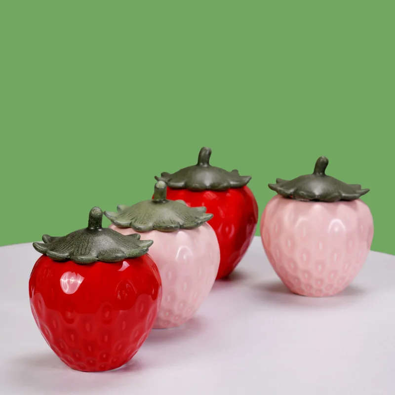 Simulation of Ceramic Strawberry Tea Jar with Lid Storage Jar Moisture-proof Jar Sealed Pot Living Room Coffee Table Decoration thumbnail 3