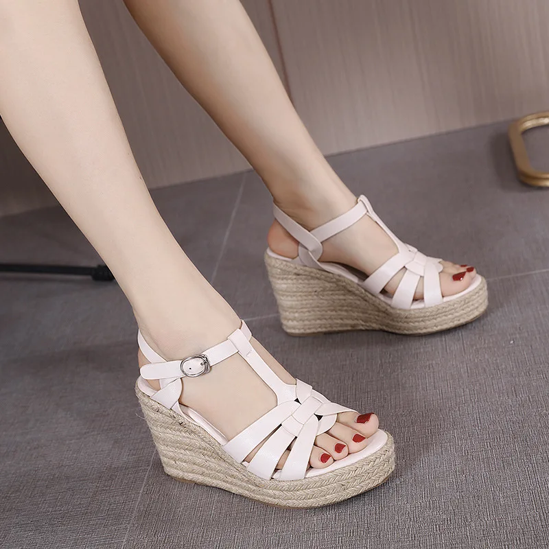 Large Size Women's Wedged Sandals 2025 Summer Female Students Platform High Heels Thick Soled Ladies T-buckle Strap Roman Shoes thumbnail 4