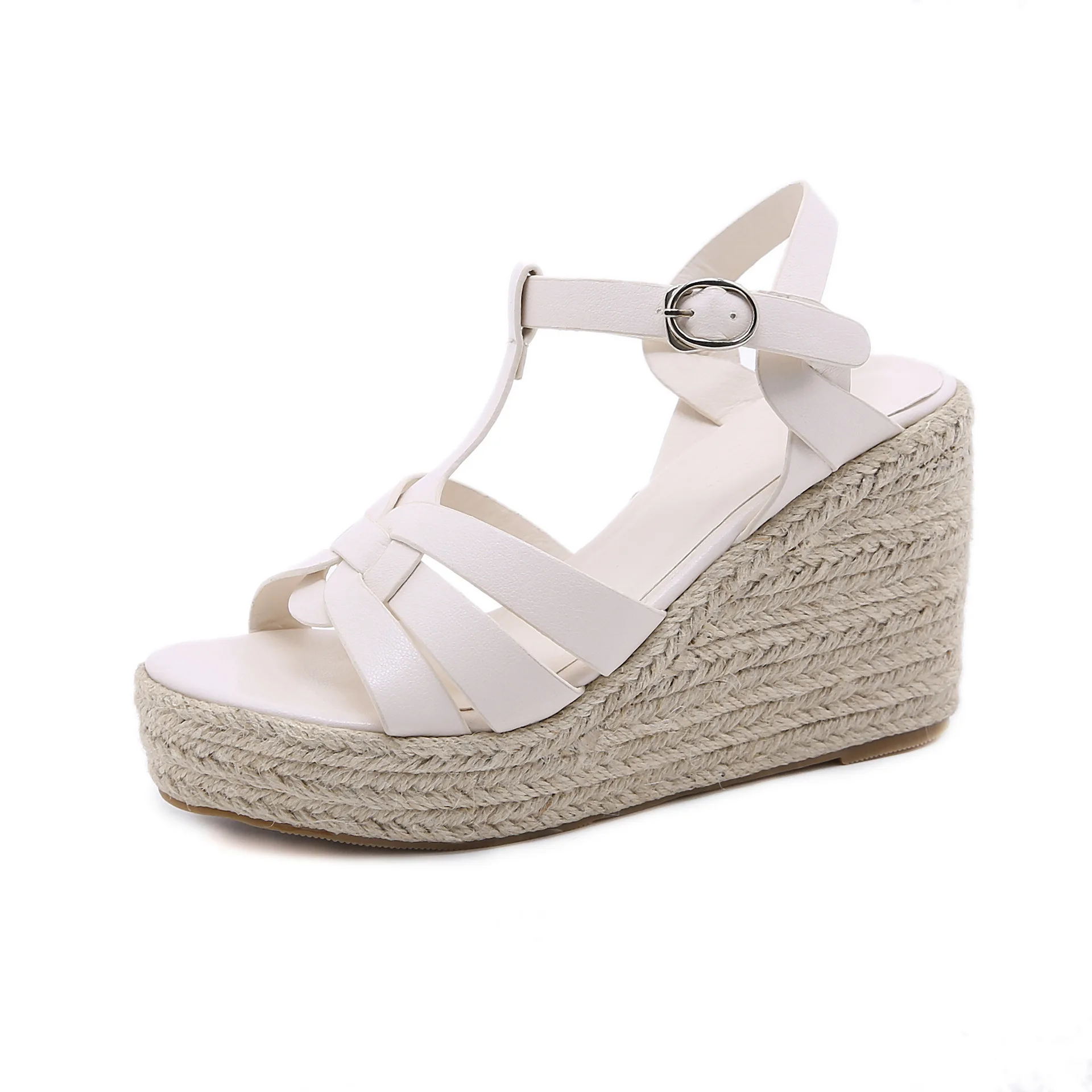 Large Size Women's Wedged Sandals 2025 Summer Female Students Platform High Heels Thick Soled Ladies T-buckle Strap Roman Shoes thumbnail 6