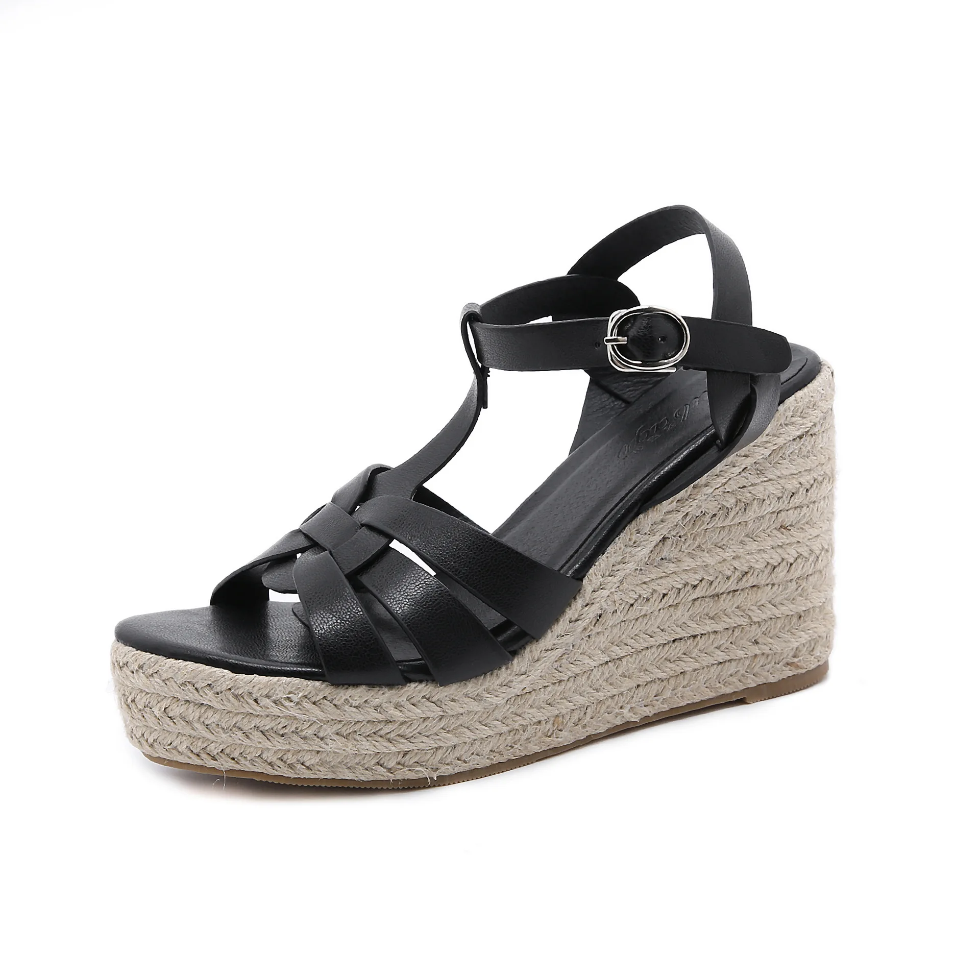 Large Size Women's Wedged Sandals 2025 Summer Female Students Platform High Heels Thick Soled Ladies T-buckle Strap Roman Shoes thumbnail 5