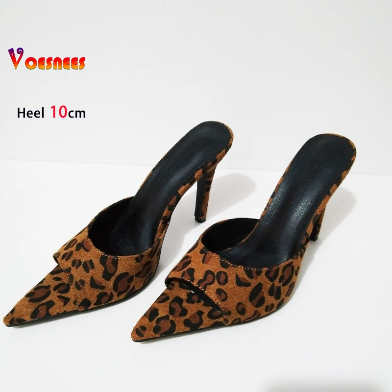 Pointed Toe Slippers For Ladies Fashion Leopard Print 2025 Summer Mules Shoes 10CM Thin High Heels Elegant Women Suede Sandals thumbnail 6