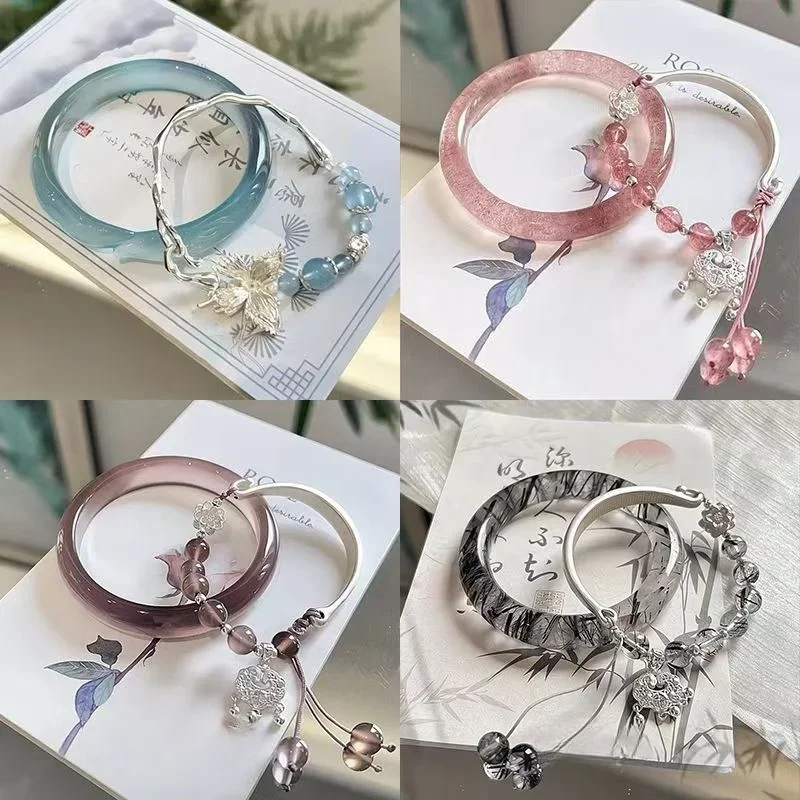 Retro Tassel Bells Bangle for Women Chinese Style Fox Bracelet Crystal Glass Beaded Chain Bracelet Jewelry Gifts Bracelets