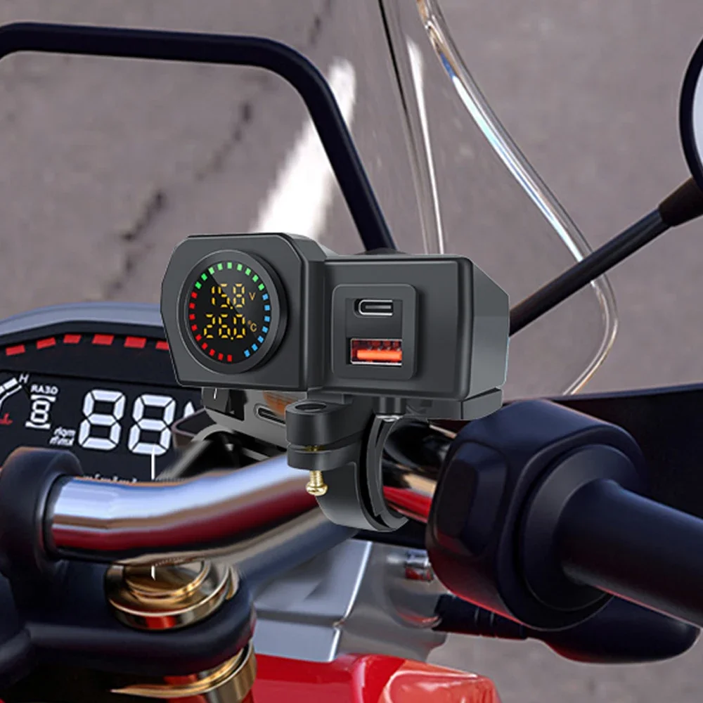 60W Motorcycle Handlebar PD QC3.0 Charger Socket USB Type-C Fast Charger Phone Power Adapter With Voltmeter Thermometer Display thumbnail 2