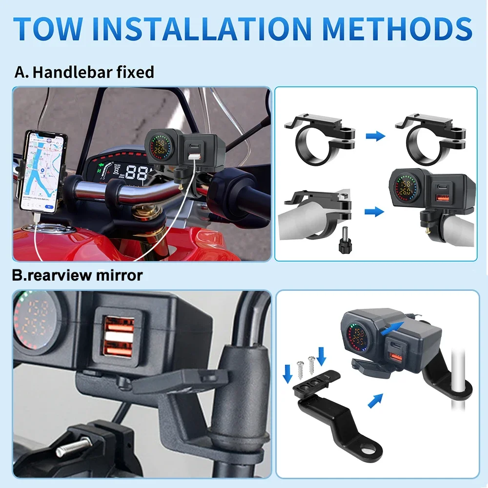 60W Motorcycle Handlebar PD QC3.0 Charger Socket USB Type-C Fast Charger Phone Power Adapter With Voltmeter Thermometer Display thumbnail 4