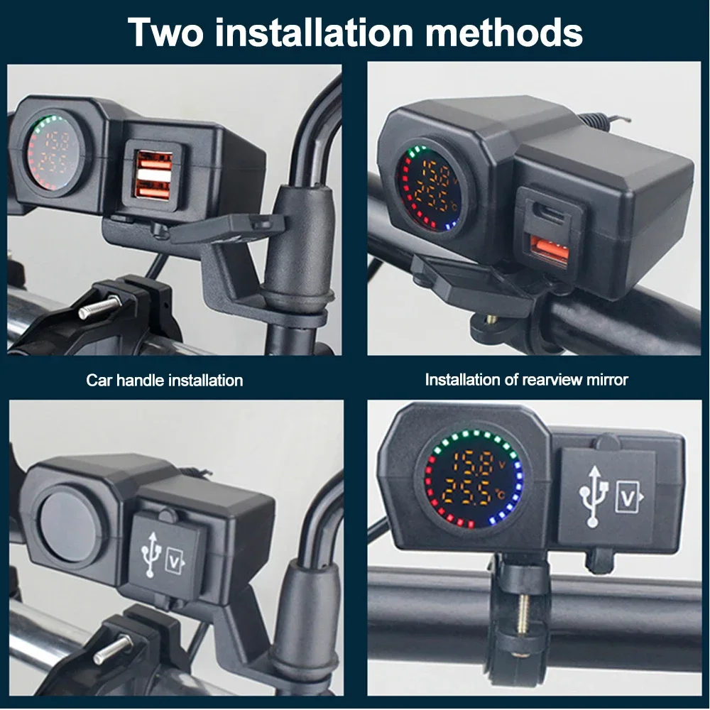 60W Motorcycle Handlebar PD QC3.0 Charger Socket USB Type-C Fast Charger Phone Power Adapter With Voltmeter Thermometer Display thumbnail 6