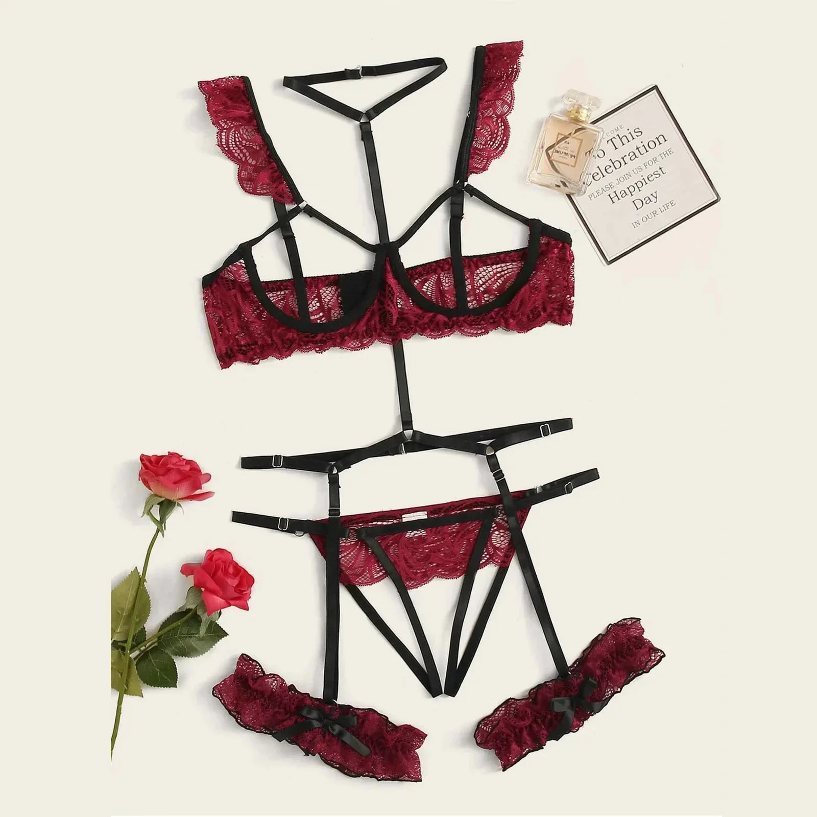 Sexy Fashion Lace Lingerie Underwear Sleepwear Steel Ring Pajamas Garter Women Intimates Underwear Bra Panties Set Lingerie thumbnail 2