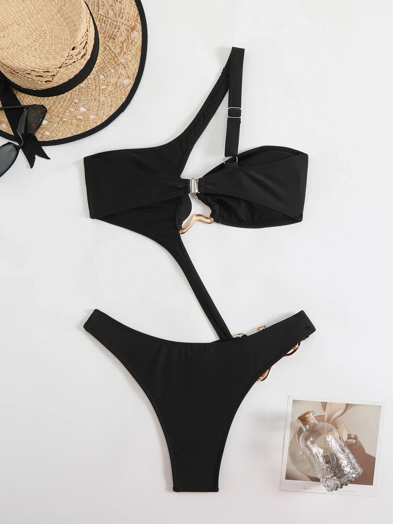 Sexy Black Hollow Out Bikini 2025 Women One Shoulder Metal Designer  Backless Thong One Piece Swimsuit Summer Bathing Suits thumbnail 2