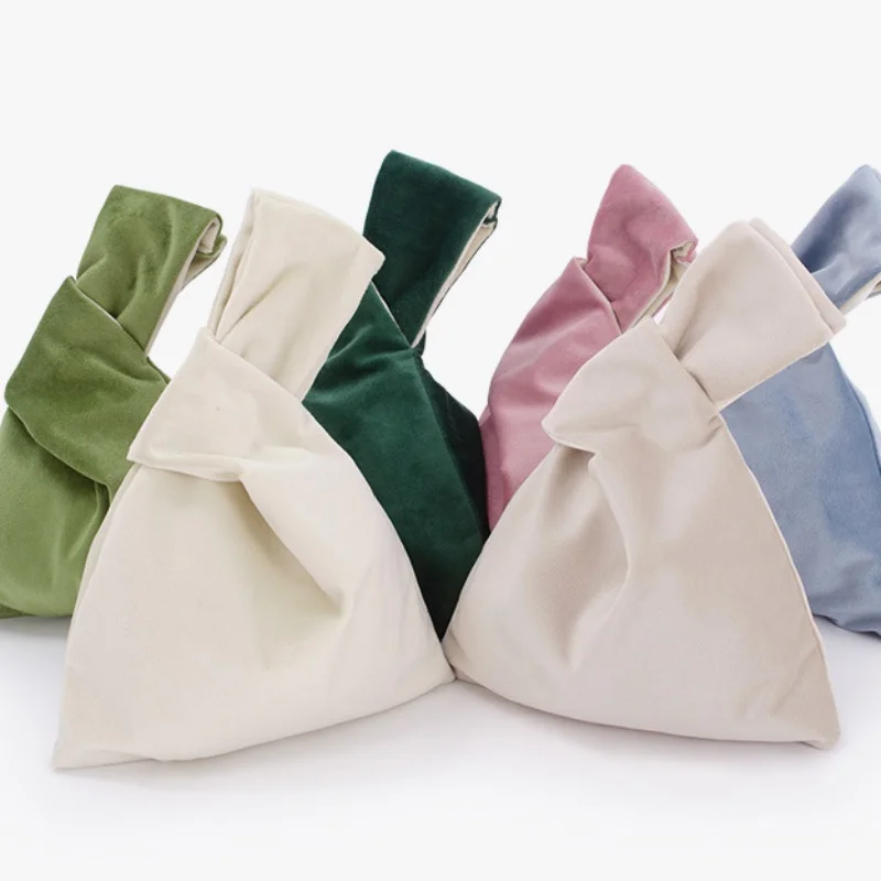 Women  Knot Wrist Bag Handmade Casual Knit Handbag Soft Velvet Tote Bag Student Reusable Shopping Bags Woman Cosmetics Bag thumbnail 3