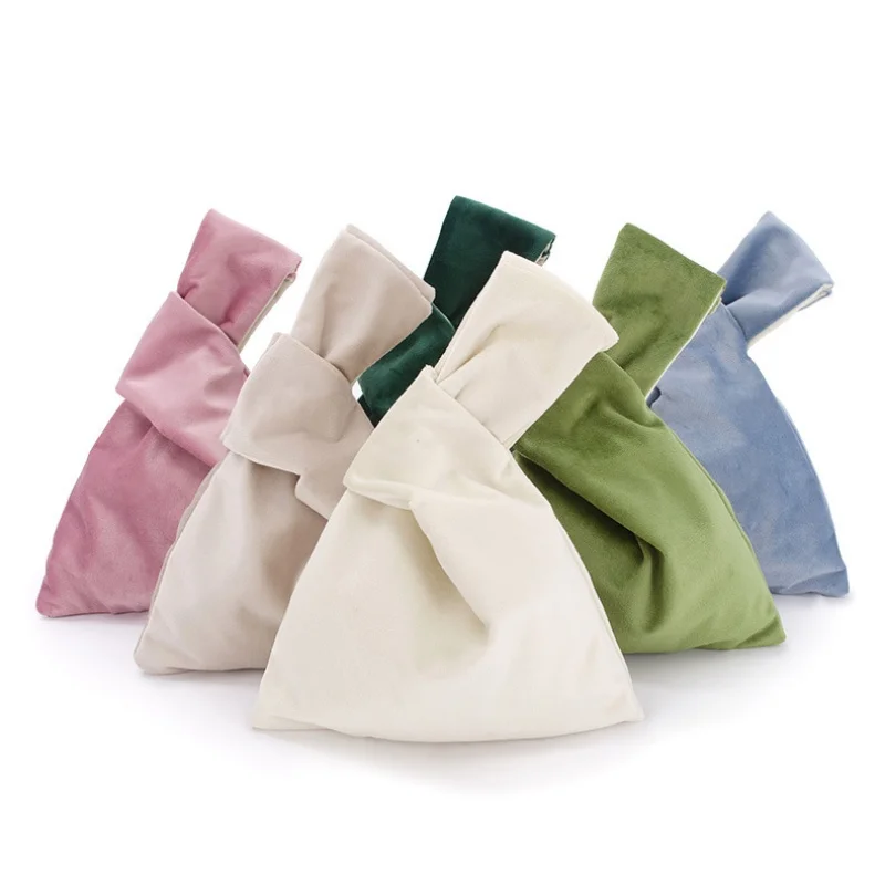 Women  Knot Wrist Bag Handmade Casual Knit Handbag Soft Velvet Tote Bag Student Reusable Shopping Bags Woman Cosmetics Bag thumbnail 2