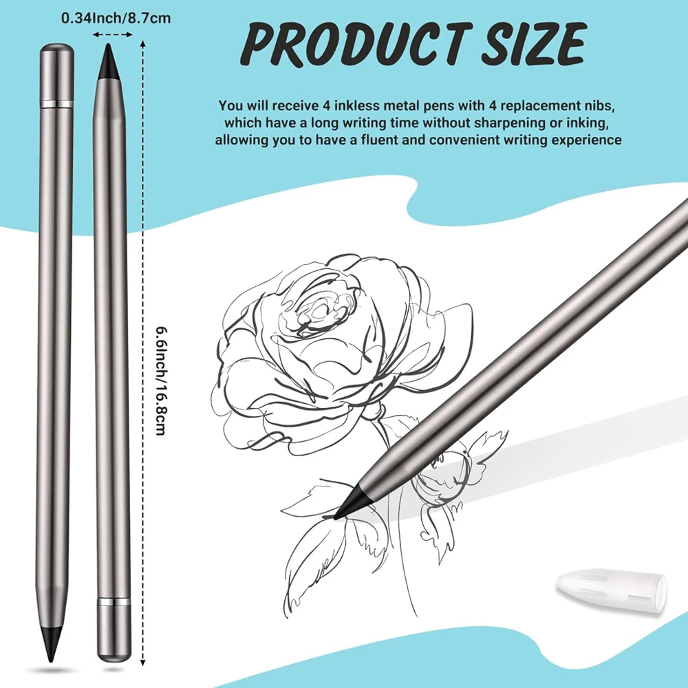 Everlasting Pen Erasable Pencil Metallic Inkless Metal Pen Back to School First Day No Ink Aluminum Pen with Latent Eraser thumbnail 2