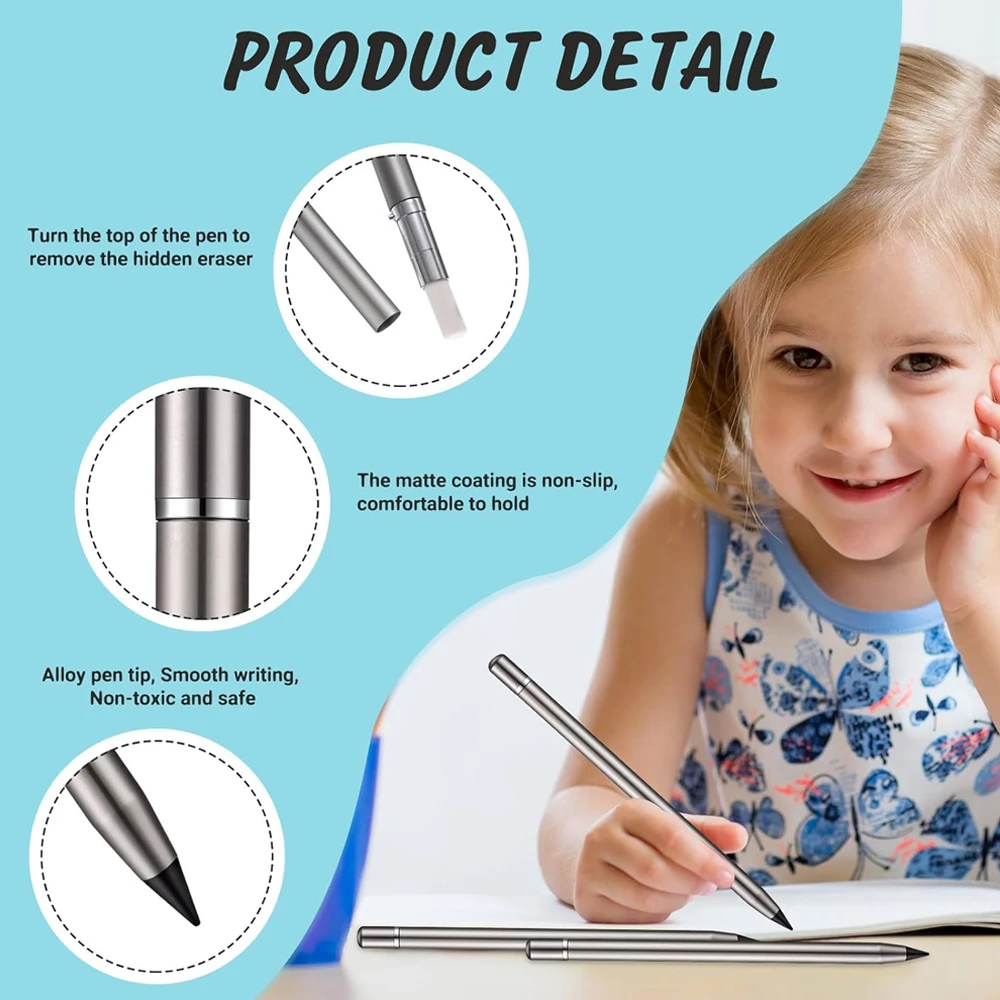 Everlasting Pen Erasable Pencil Metallic Inkless Metal Pen Back to School First Day No Ink Aluminum Pen with Latent Eraser thumbnail 3