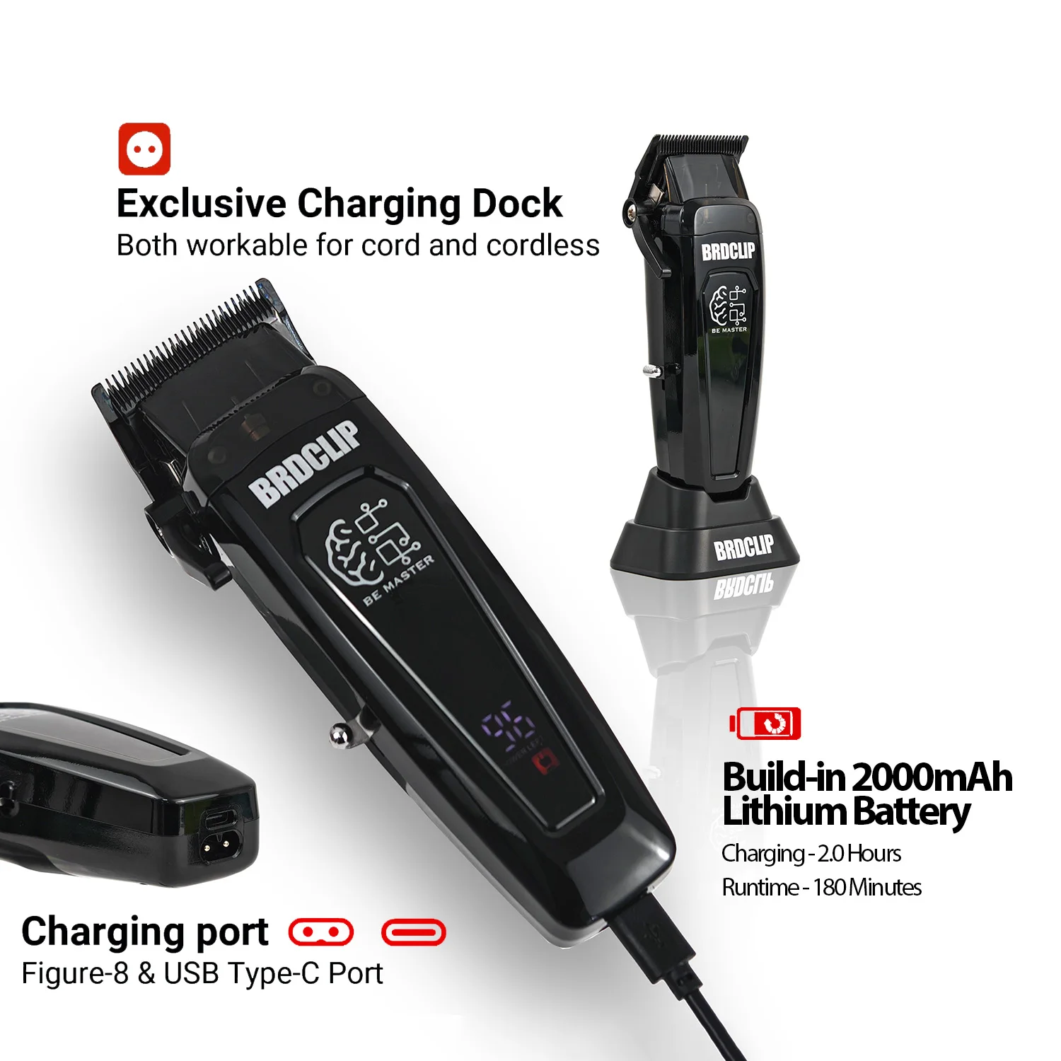 BRDCLIP Professional Electric Hair Clipper BRD 106 Hair Trimmer for Man 7500RPM with Base 5-adjusted DLC Blade Barber Machine thumbnail 5