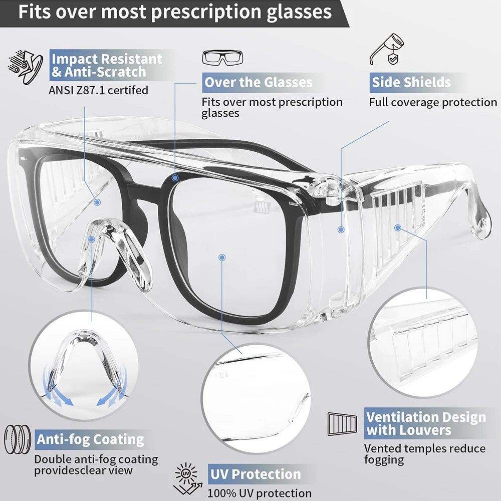 OTG Clear Safety Goggles Wrap Around ANSI Z87 Anti Fog Protective Glasses industrial Eyewear Work Construction Eye Protection thumbnail 3