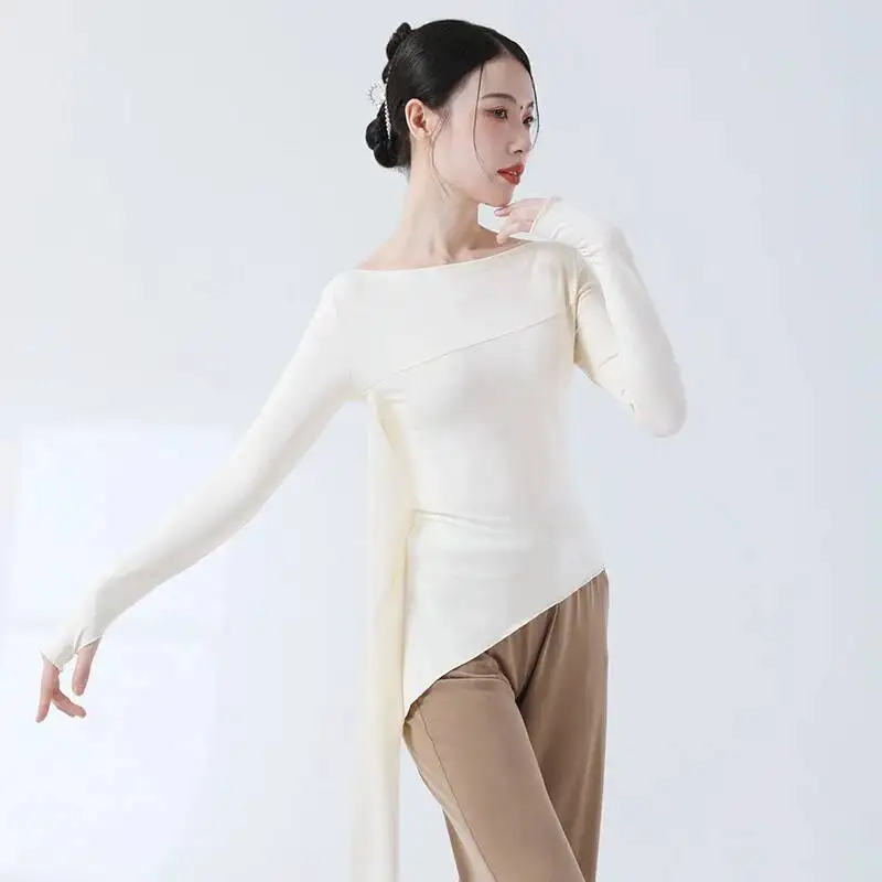 Classical Dance Practice Clothes Finger Sleeve Side Split Tulle Design Chinese Style Casual Wear Chic Stage Performance Costume thumbnail 2