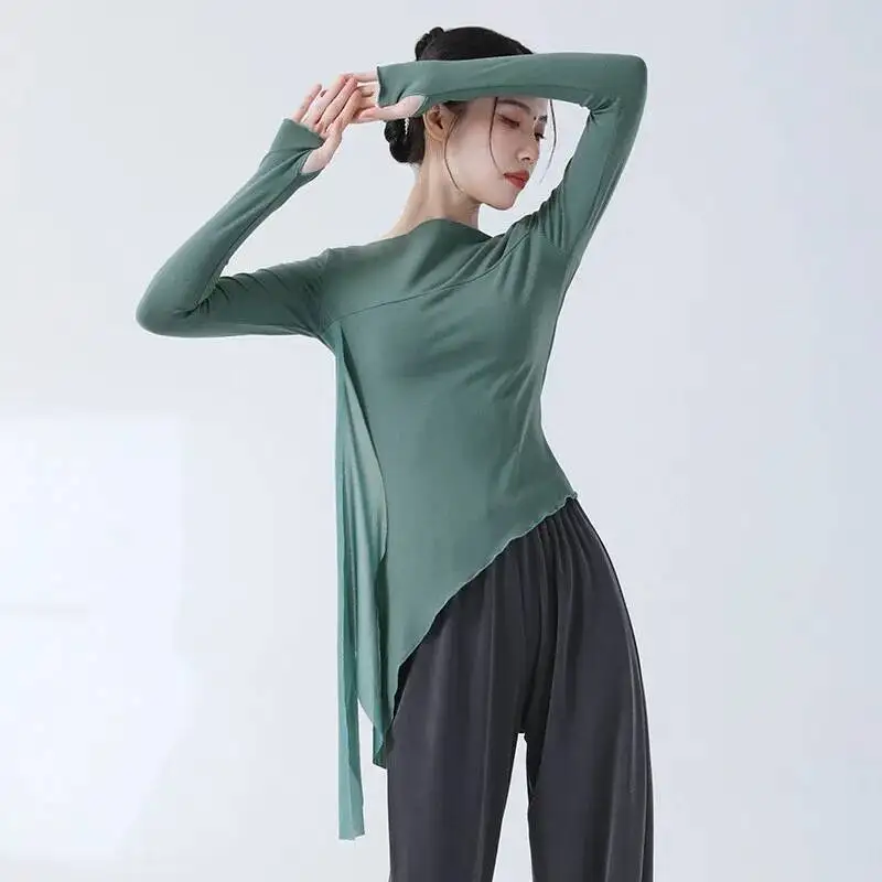 Classical Dance Practice Clothes Finger Sleeve Side Split Tulle Design Chinese Style Casual Wear Chic Stage Performance Costume thumbnail 5
