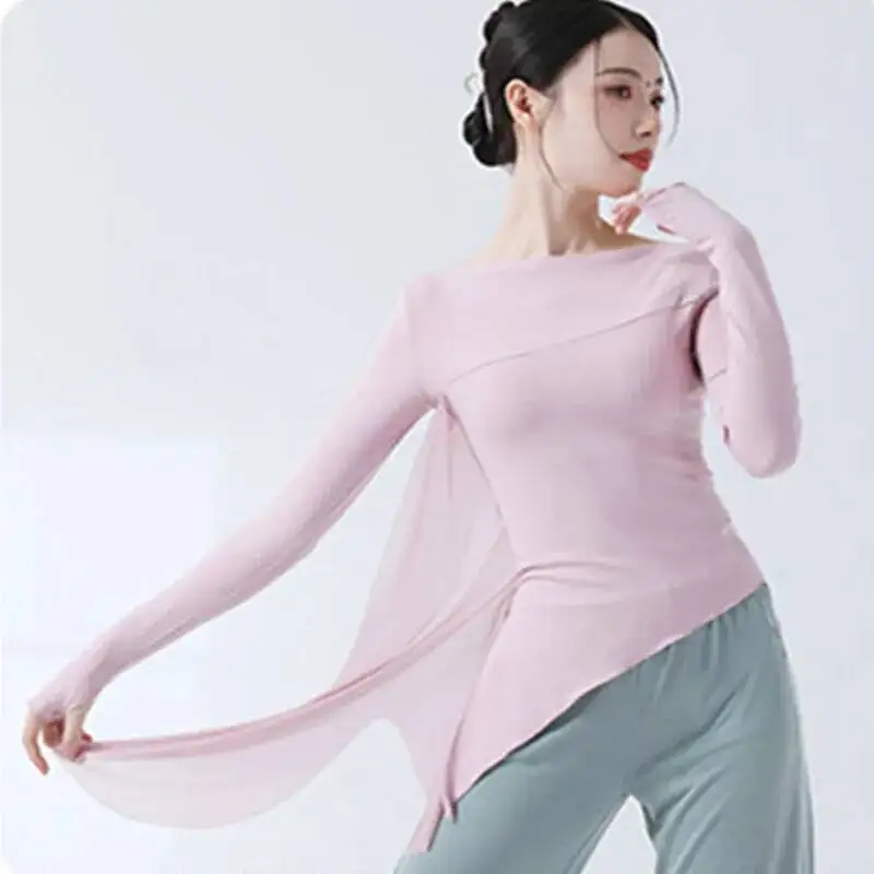 Classical Dance Practice Clothes Finger Sleeve Side Split Tulle Design Chinese Style Casual Wear Chic Stage Performance Costume thumbnail 6