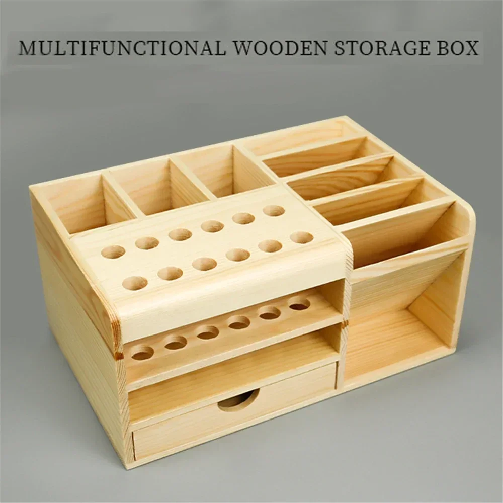 Wooden Multifunctional Storage Box Screwdriver Tweezers Multi Compartments Desktop Stationary Small Pens Markers Brushes Tools thumbnail 2