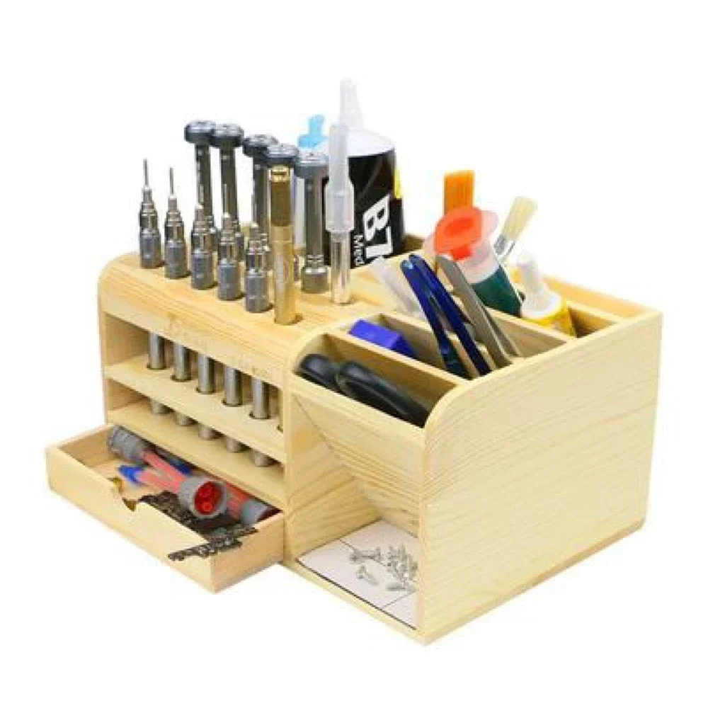 Wooden Multifunctional Storage Box Screwdriver Tweezers Multi Compartments Desktop Stationary Small Pens Markers Brushes Tools thumbnail 4