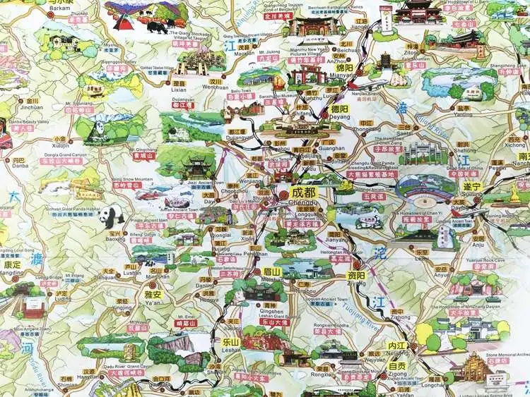 Sichuan map Sichuan tourist map Sichuan province Chinese and English hand-drawn tourist map thumbnail 5