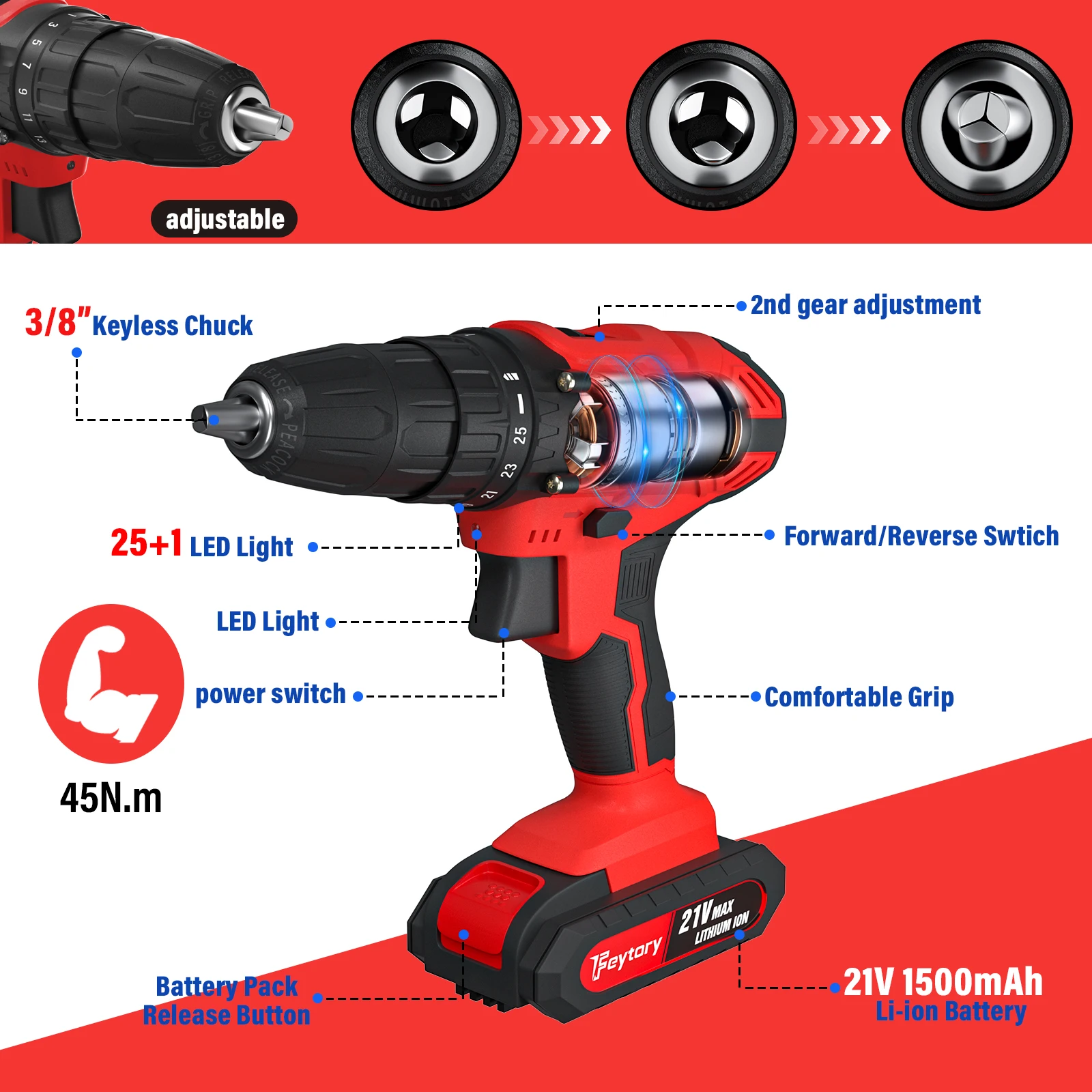 21V Cordless Drill,45Nm Electric Screwdriver Set with 29PCS Accessories, 2 Variable Speed for Home DIY Project Kit thumbnail 3