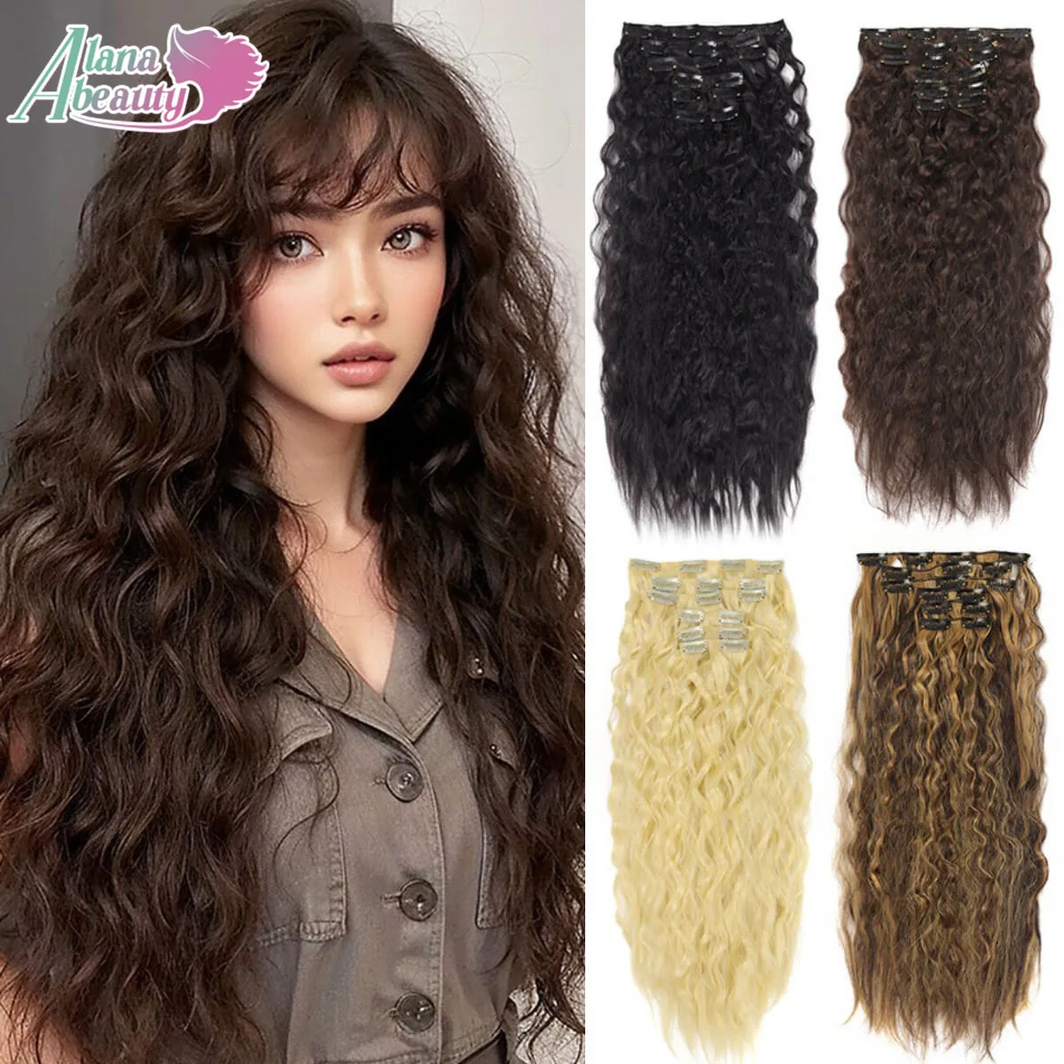 Synthetic Curly Clip In Hair Extensions 6PCS Set Corn 22inch Long Clip On Hairpiece Corn Wavy Style For Women Girls Daily Party