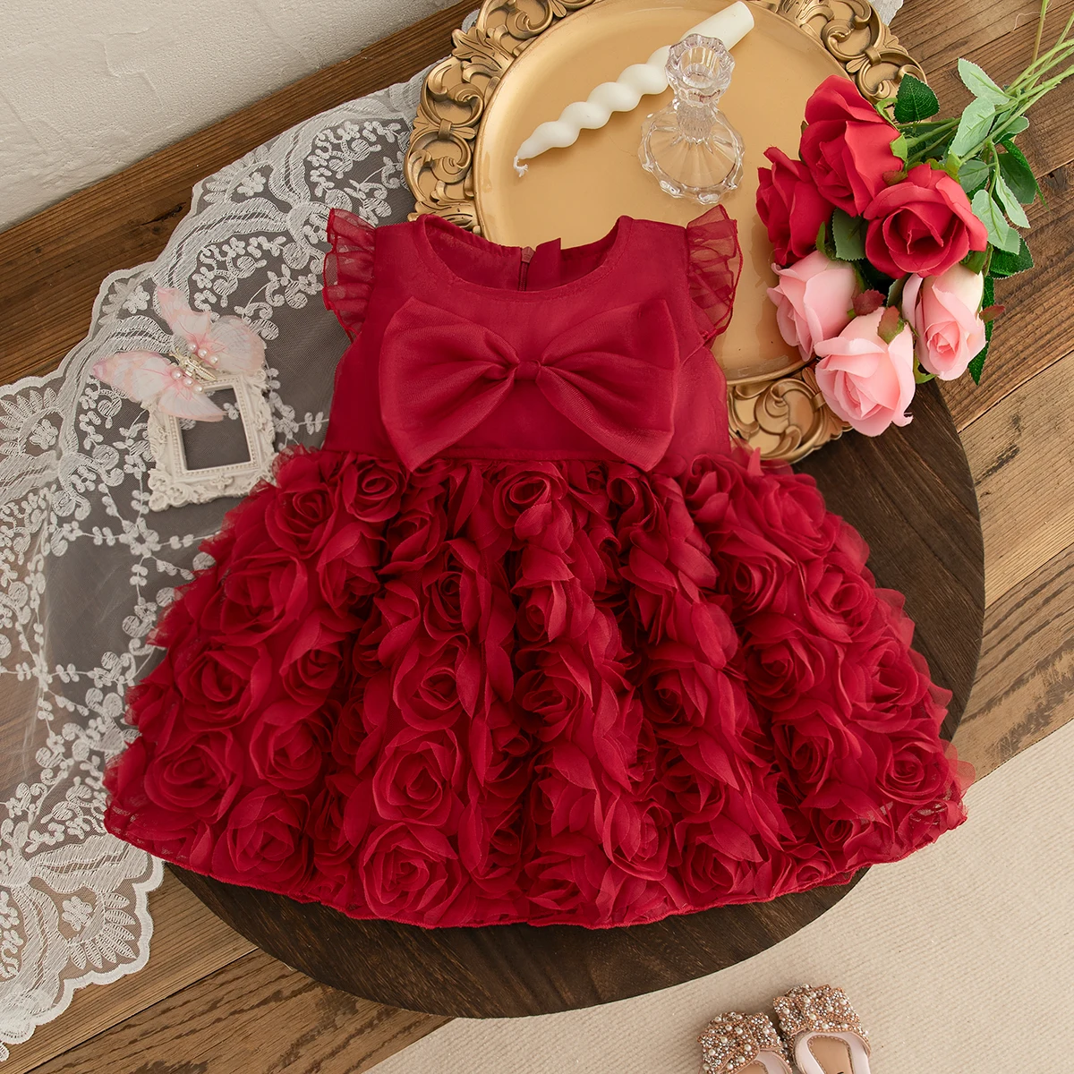 (0-3 Year Old Baby Girl Princess Dress) Summer New Red Bow, Rose Skirt, Children'S Sleeveless Clothes Suitable For Wedding Party thumbnail 2