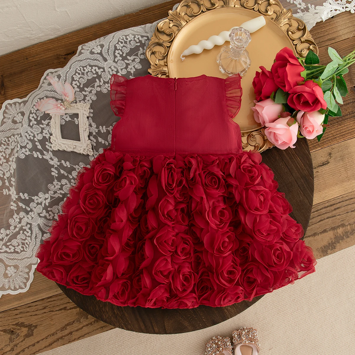 (0-3 Year Old Baby Girl Princess Dress) Summer New Red Bow, Rose Skirt, Children'S Sleeveless Clothes Suitable For Wedding Party thumbnail 3